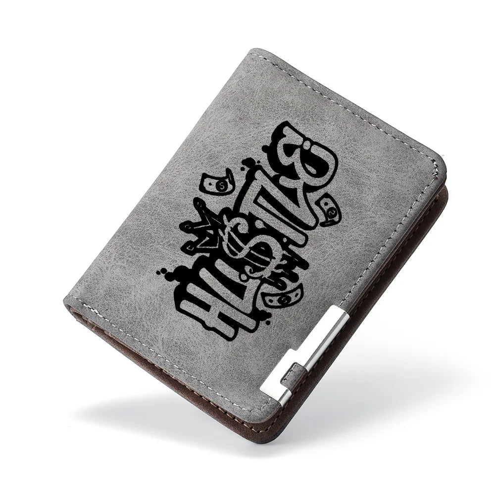 A dark gray men's compact double-fold wallet with a leather trim and embossed text.