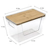 Clear plastic pantry storage bin with a bamboo lid and measurements shown.