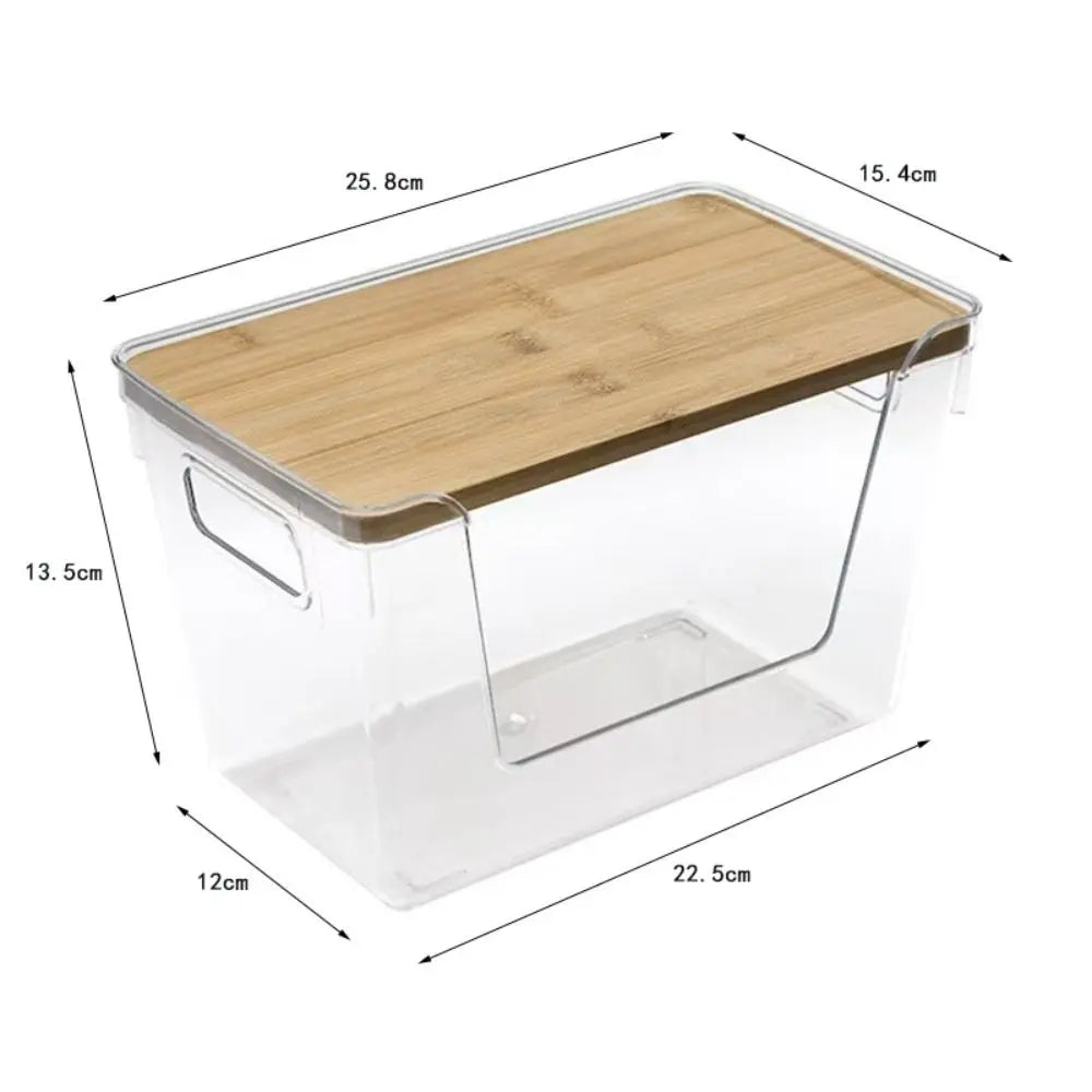 Clear plastic pantry storage bin with a bamboo lid and measurements shown.
