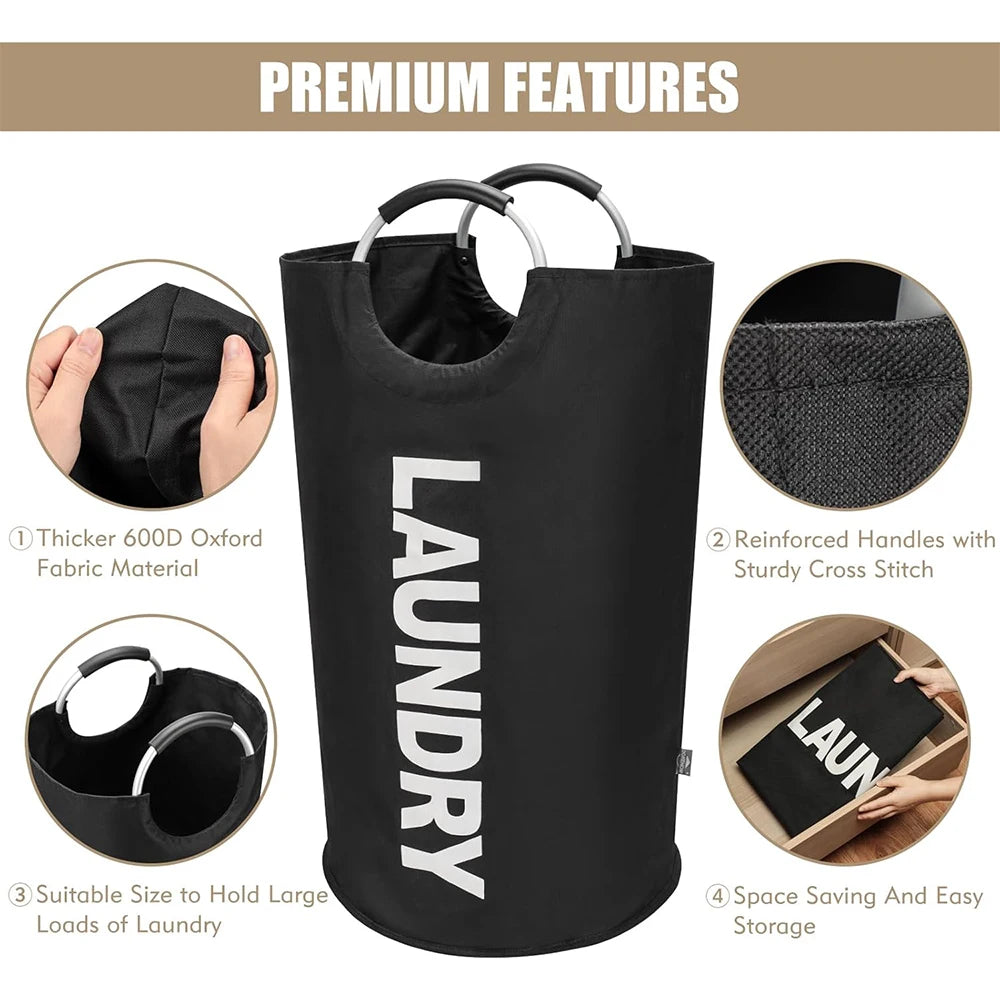 Black laundry basket with Oxford fabric material and reinforced handles for easy storage