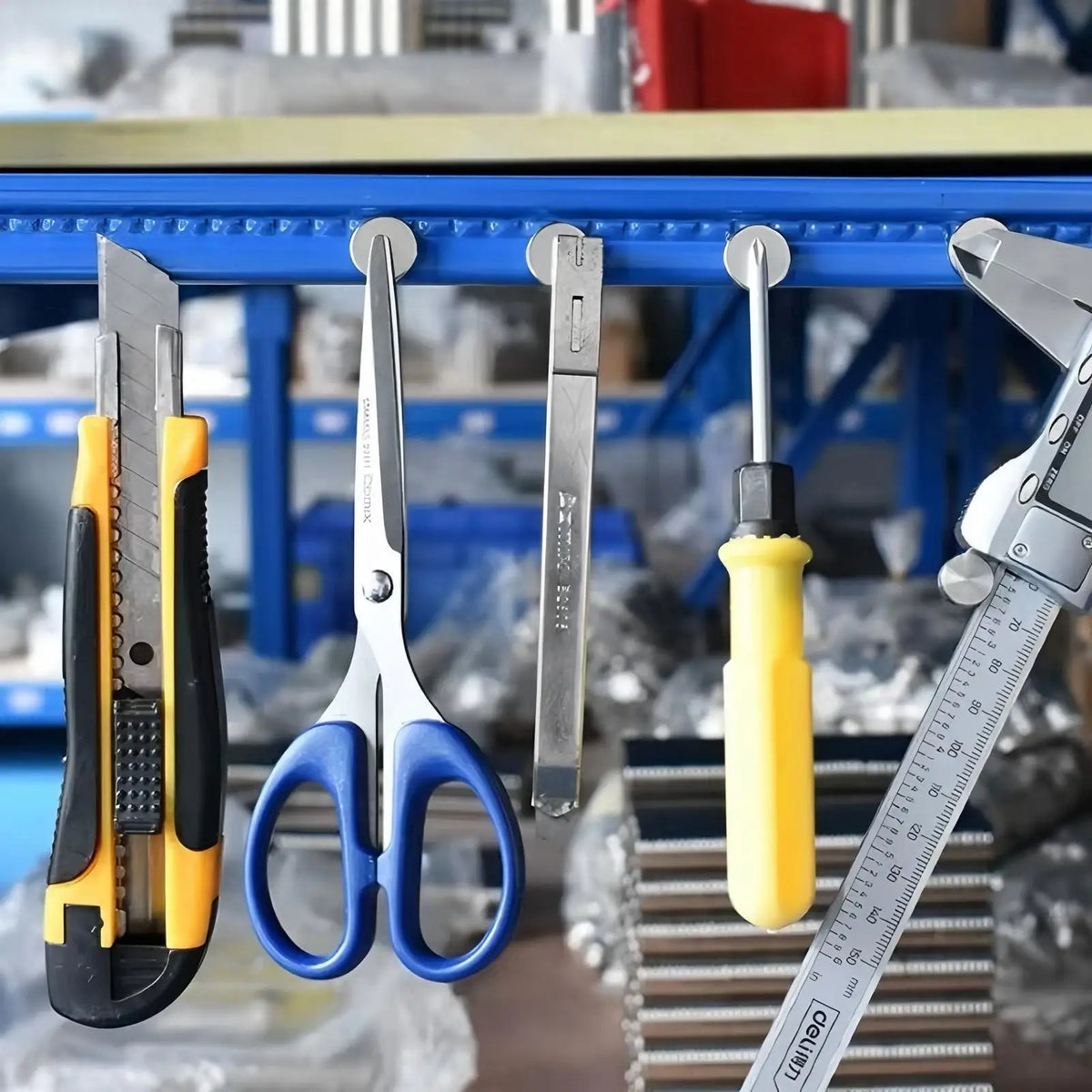 A collection of metal and plastic tools, including scissors, pliers, and a caliper, displayed on a blue shelf.