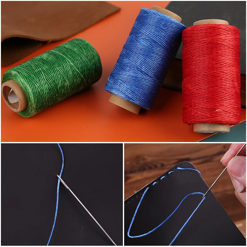 Rolls of waxed polyester thread in green, blue, and red next to hand sewing needles demonstrating thread usage.