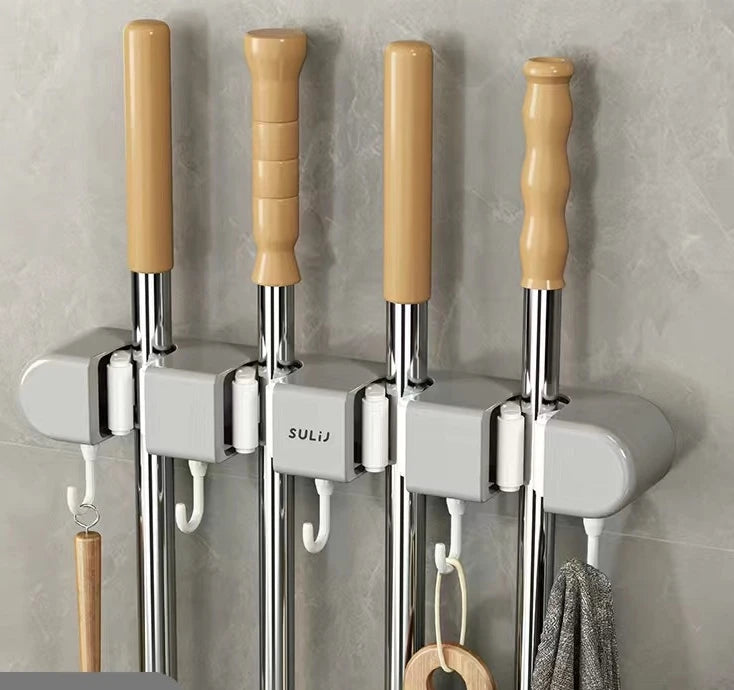 Wall-Mounted Mop and Broom Holder with Adhesive Mount