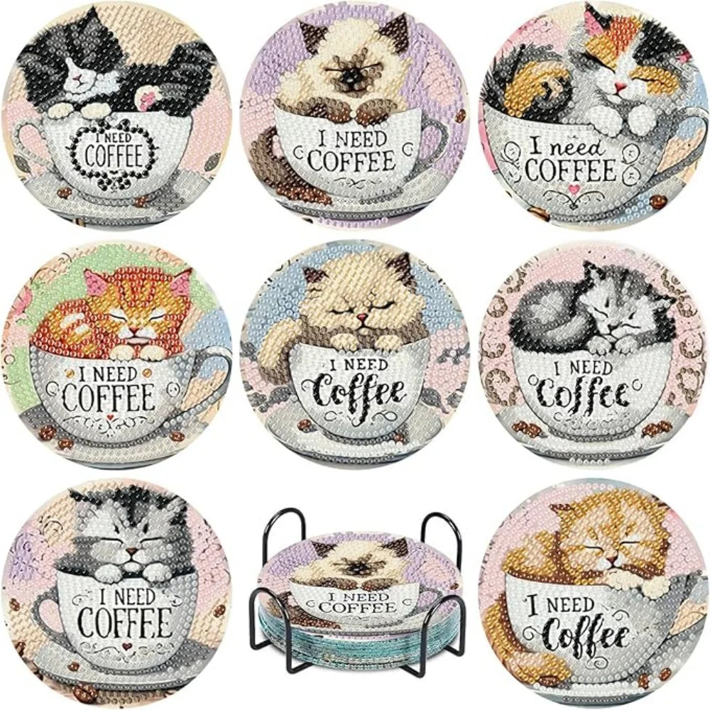A set of nine DIY diamond art coasters featuring cats in various poses and colors with metal stands.