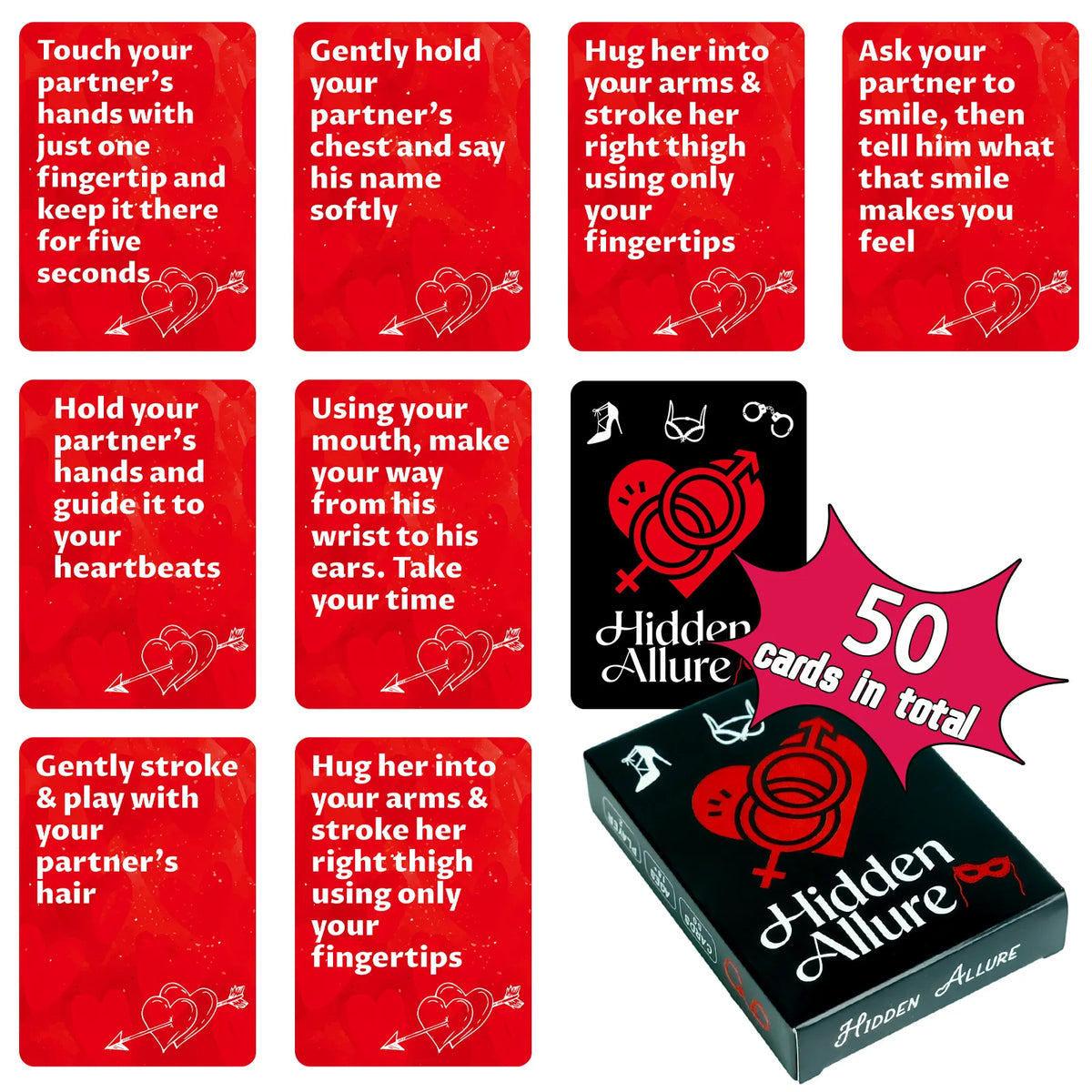A set of 10 red cards for a couples drinking game titled Hidden Allure