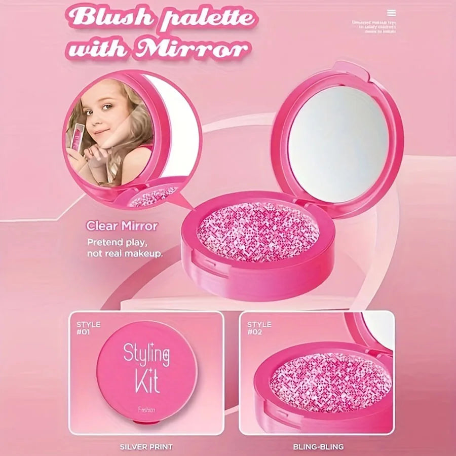 A pink blush palette with a mirror and a styling kit for pretend play makeup.