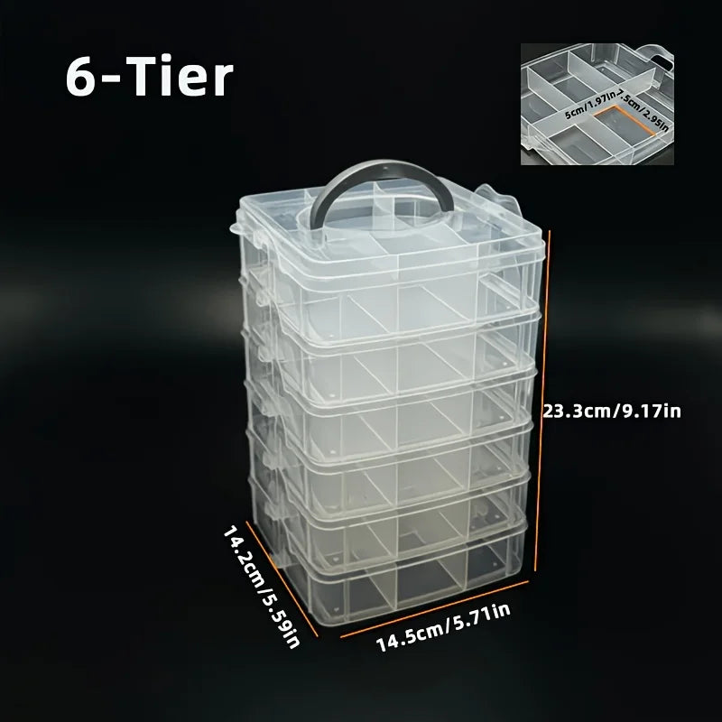 A stack of six transparent plastic storage organizers, labeled as a 6-Tier unit.
