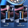 Close-up view of a rechargeable car aroma diffuser with a starry sky ambient light, shown in ON and OFF modes.