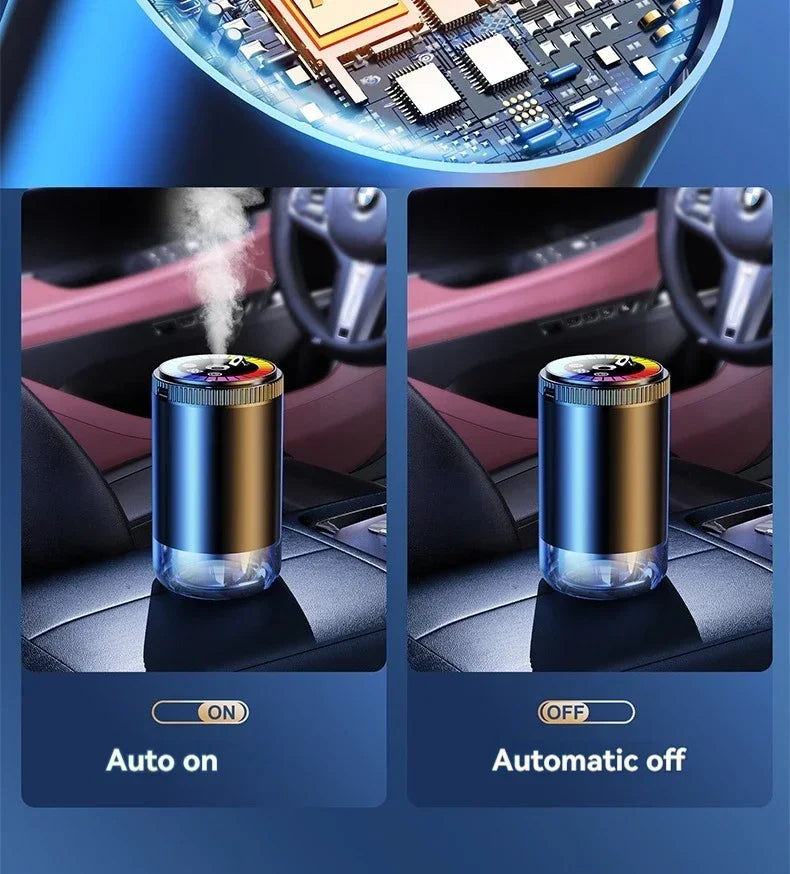 Close-up view of a rechargeable car aroma diffuser with a starry sky ambient light, shown in ON and OFF modes.