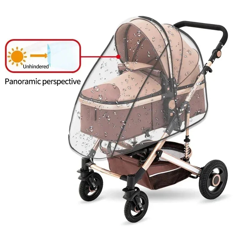 A brown and clear transparent shield rain cover for a stroller, demonstrating a panoramic perspective.