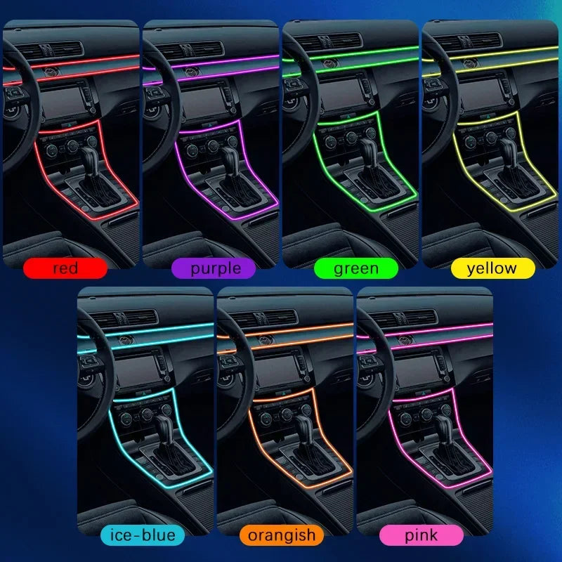 A collection of car interior LED light strips in various colors including red, purple, green, yellow, ice-blue, orangish, and