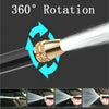 A high-pressure car wash gun is shown rotating 360 degrees, spraying water onto a car surface.