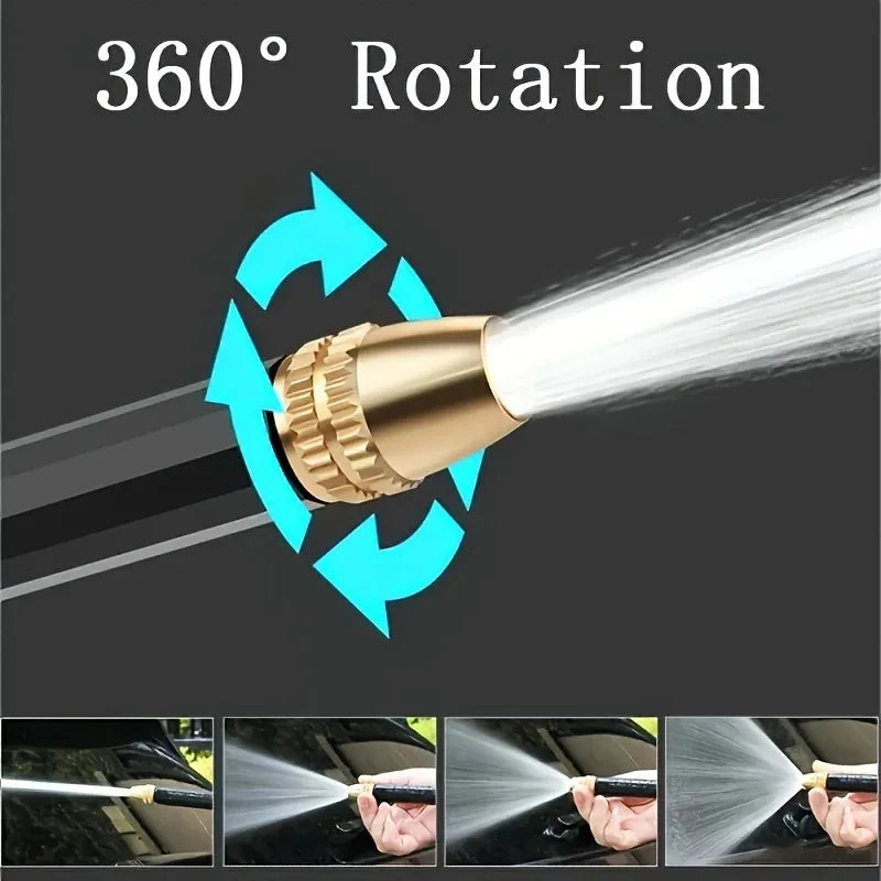 A high-pressure car wash gun is shown rotating 360 degrees, spraying water onto a car surface.