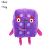 A purple plush doll shaped like the number 1, featuring large eyes and a small smile.