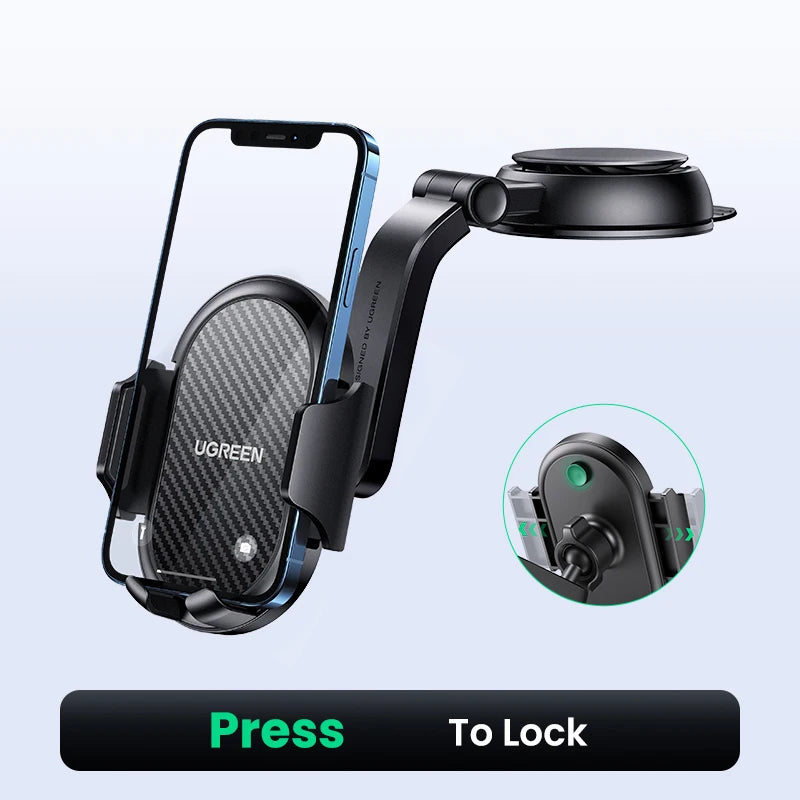 Black universal gravity car phone holder with suction mount and a press to lock mechanism