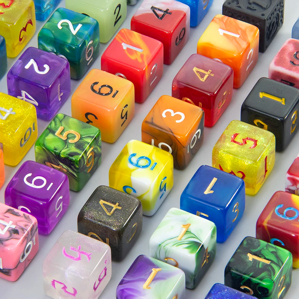 A collection of ten polyhedral dice in various colors and translucent materials arranged on a surface.