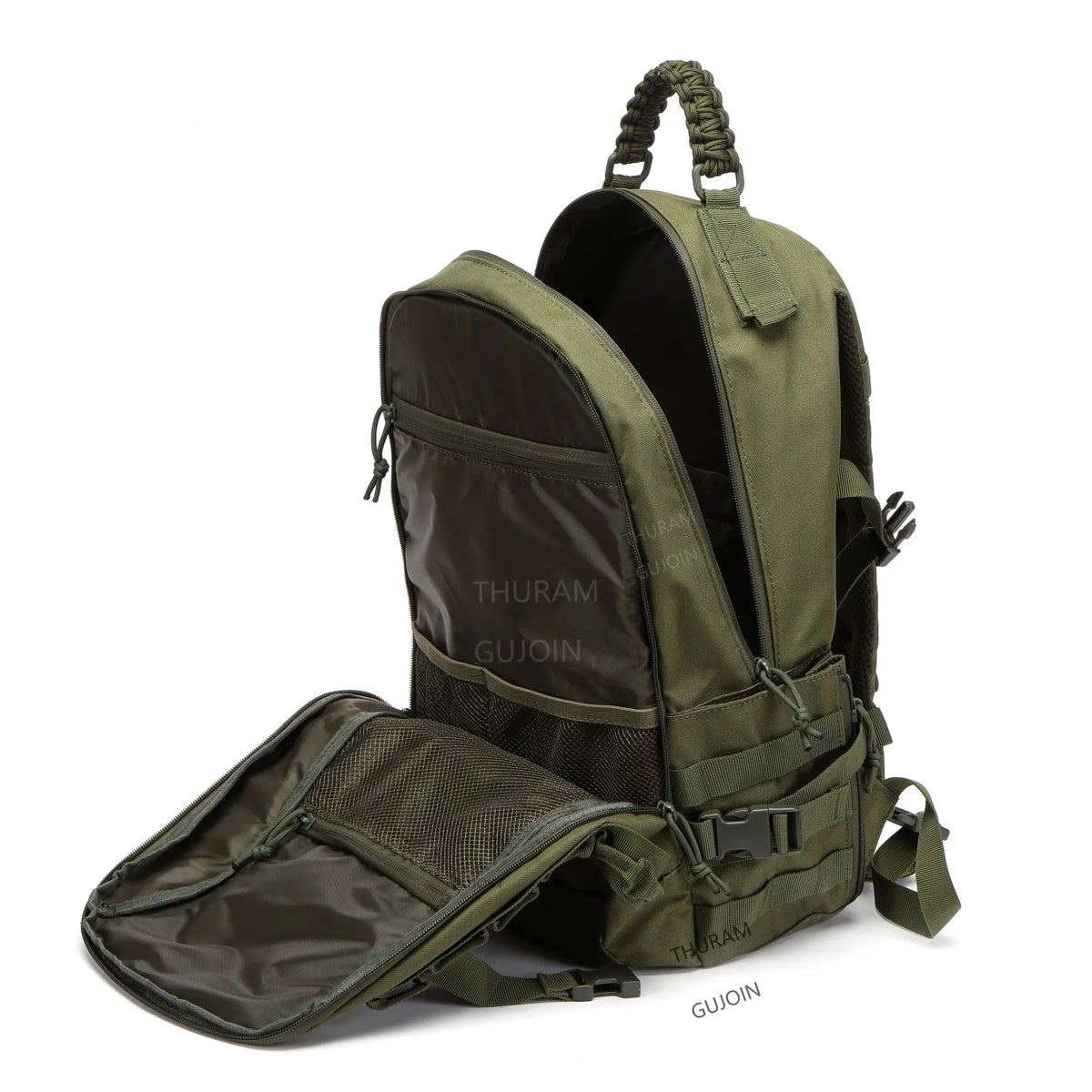 Olive green Thuram Gujoin tactical backpack with a separate waterproof cover