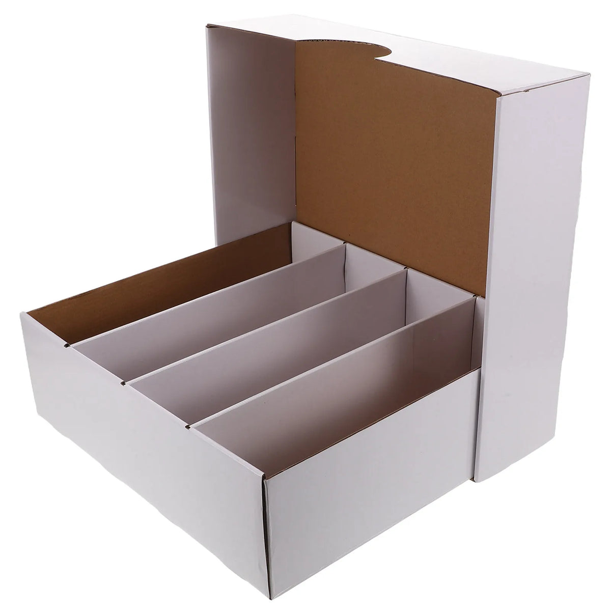 A white cardboard box with a brown lid is shown open, displaying an interior tray for storing trading cards.
