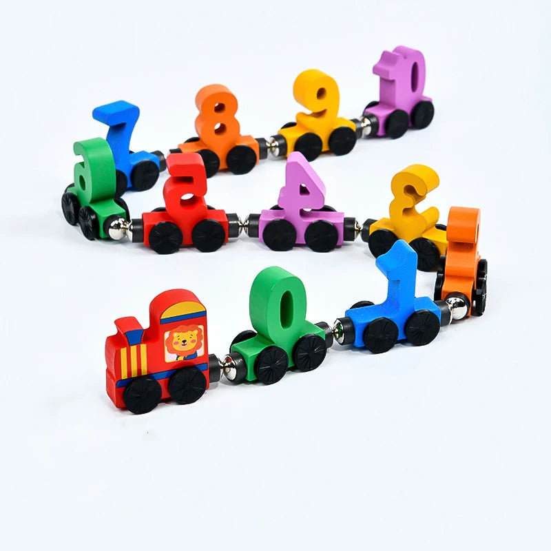 A set of magnetic wooden train cars shaped like numbers 1 through 9 in various colors.