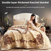 A beige double layer thickened Raschel blanket draped over a bed, emphasizing warmth and comfort.