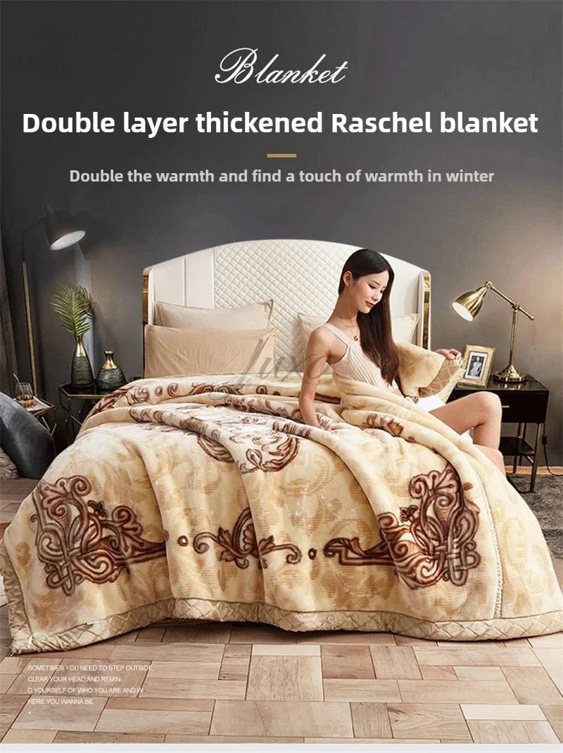 A beige double layer thickened Raschel blanket draped over a bed, emphasizing warmth and comfort.