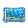 Blue inflatable baby water play mat filled with various floating toys and sea creatures.