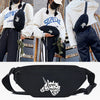 A black linen waist pack featuring a silhouette of a unicorn head on the front.