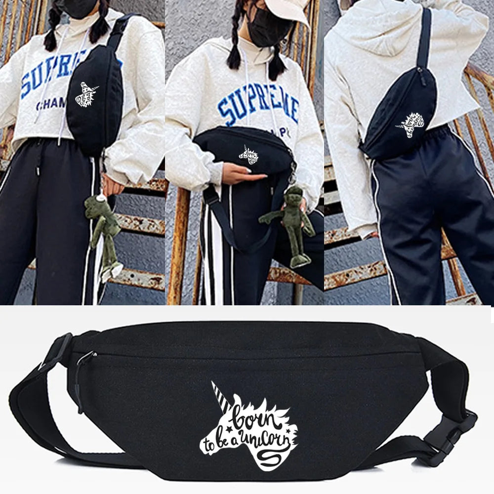 A black linen waist pack featuring a silhouette of a unicorn head on the front.
