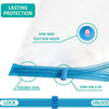 A clear vacuum storage bag with a one-way suction valve, double seal, and stay-on clip for lasting protection.