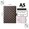 A brown and black grid patterned portfolio with a gold clasp, featuring over 60 pages of paper inserts.