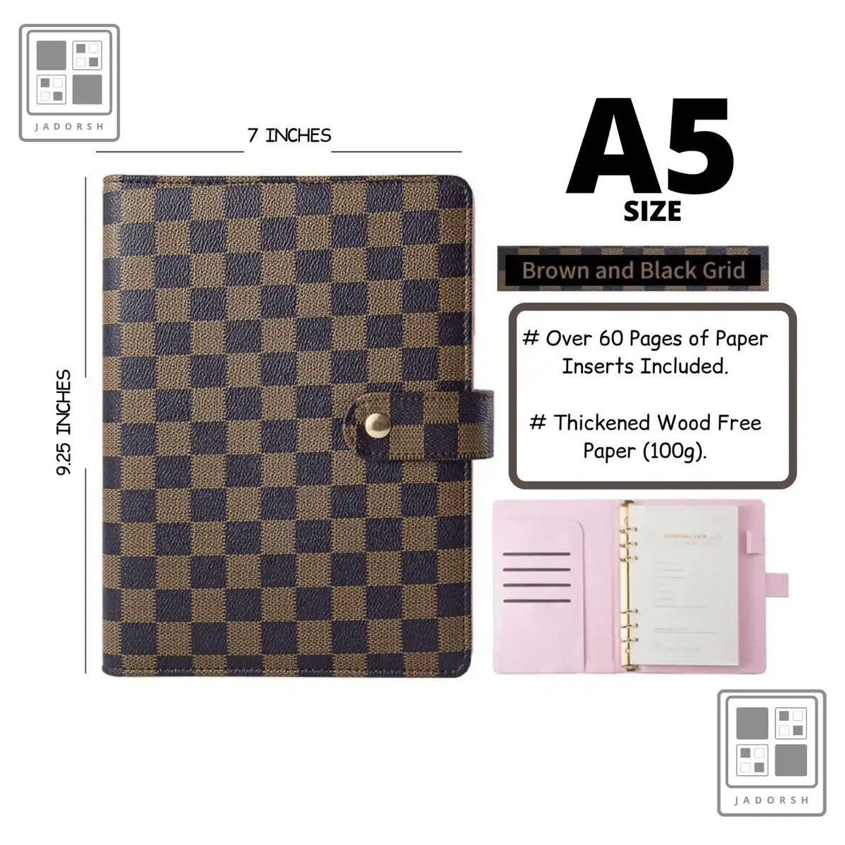 A brown and black grid patterned portfolio with a gold clasp, featuring over 60 pages of paper inserts.