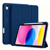 A dark blue magnetic flip tablet case shown open, displaying a tablet with a yellow stylus inside.