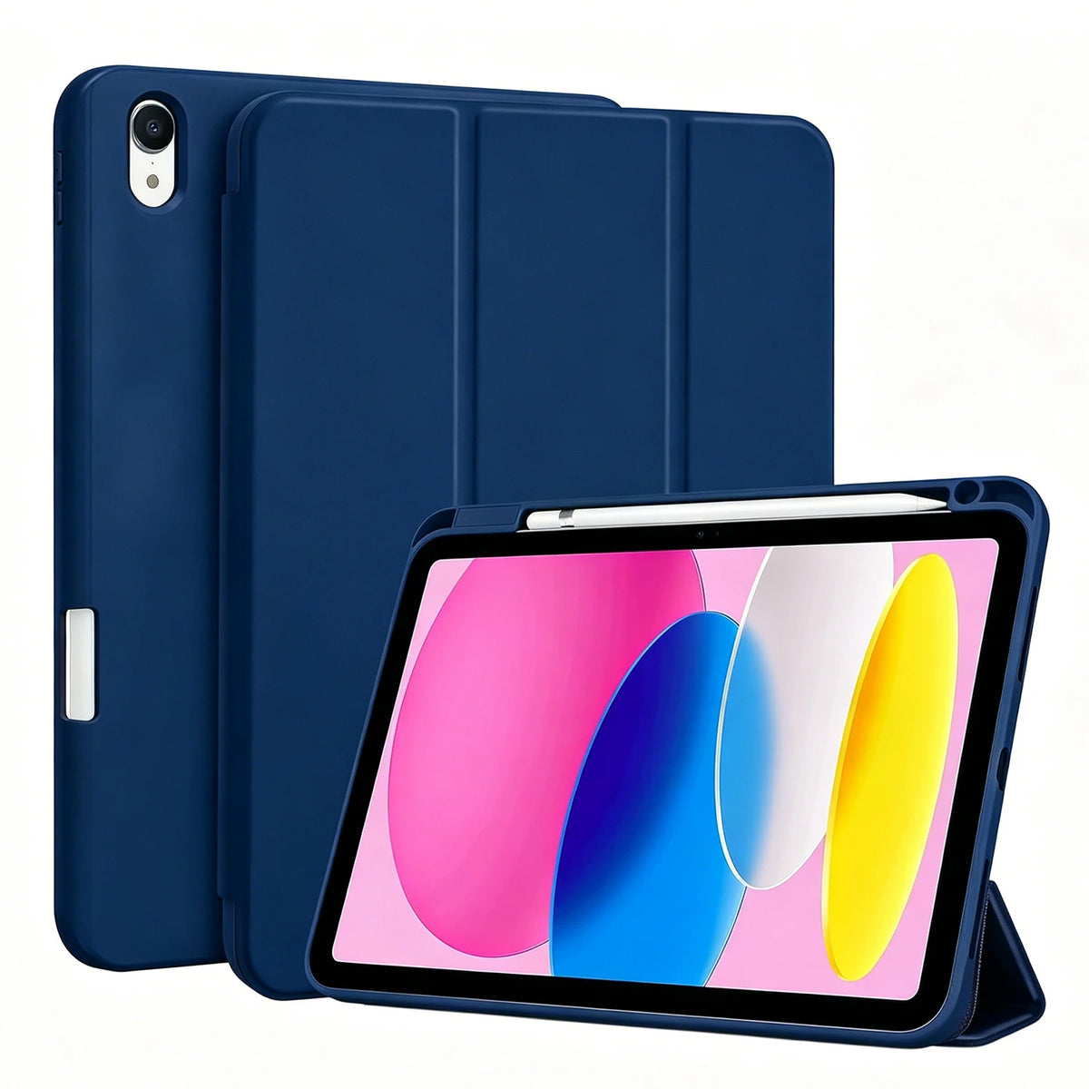 A dark blue magnetic flip tablet case shown open, displaying a tablet with a yellow stylus inside.