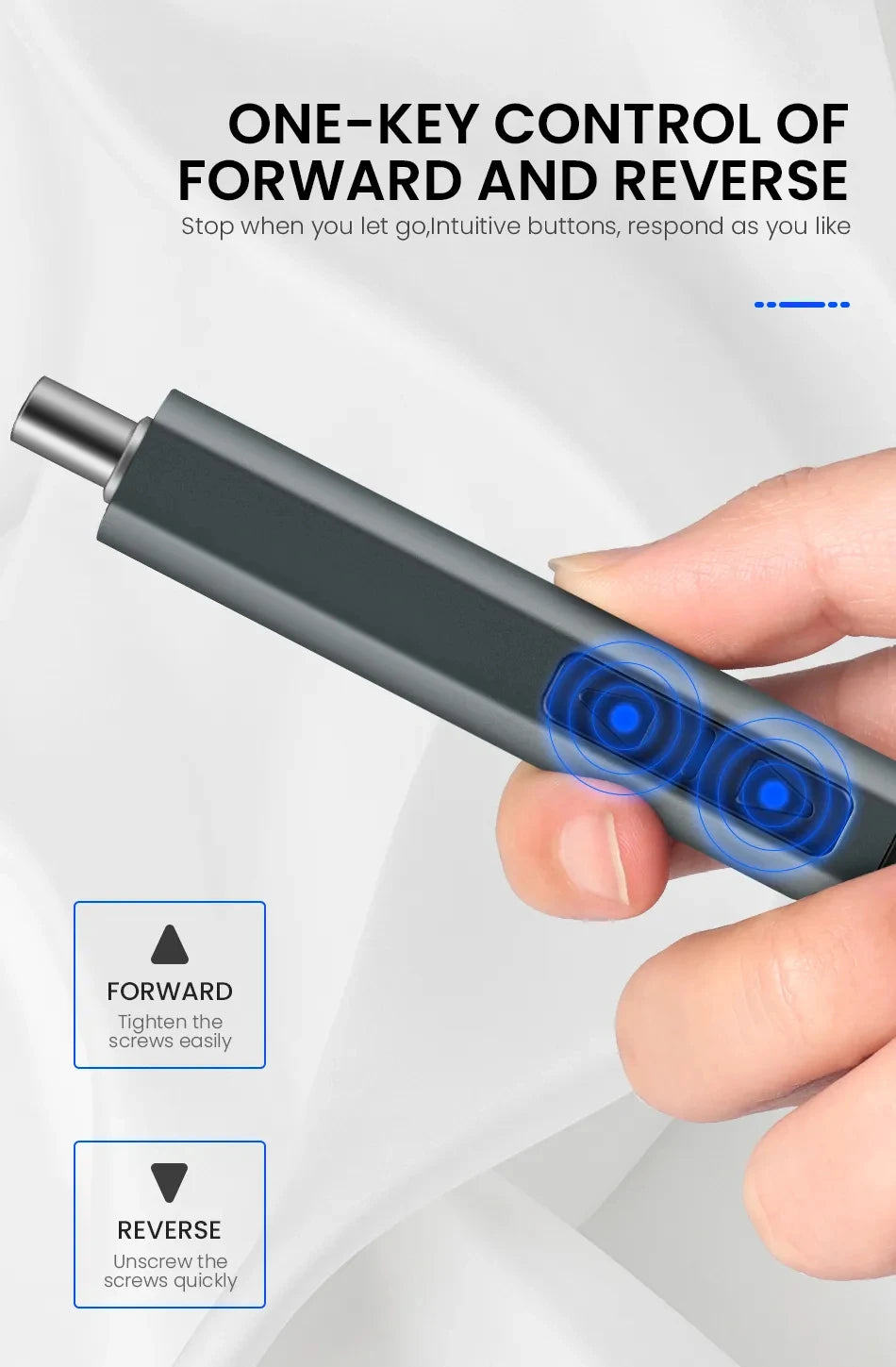 A hand holds a black cordless precision screwdriver with a magnetic bit and LED light, demonstrating forward and reverse cont