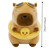 A brown capybara plush toy wearing a yellow duck swim ring and sunglasses.