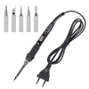 A soldering iron set showing various tips and a black cord with an LCD display.