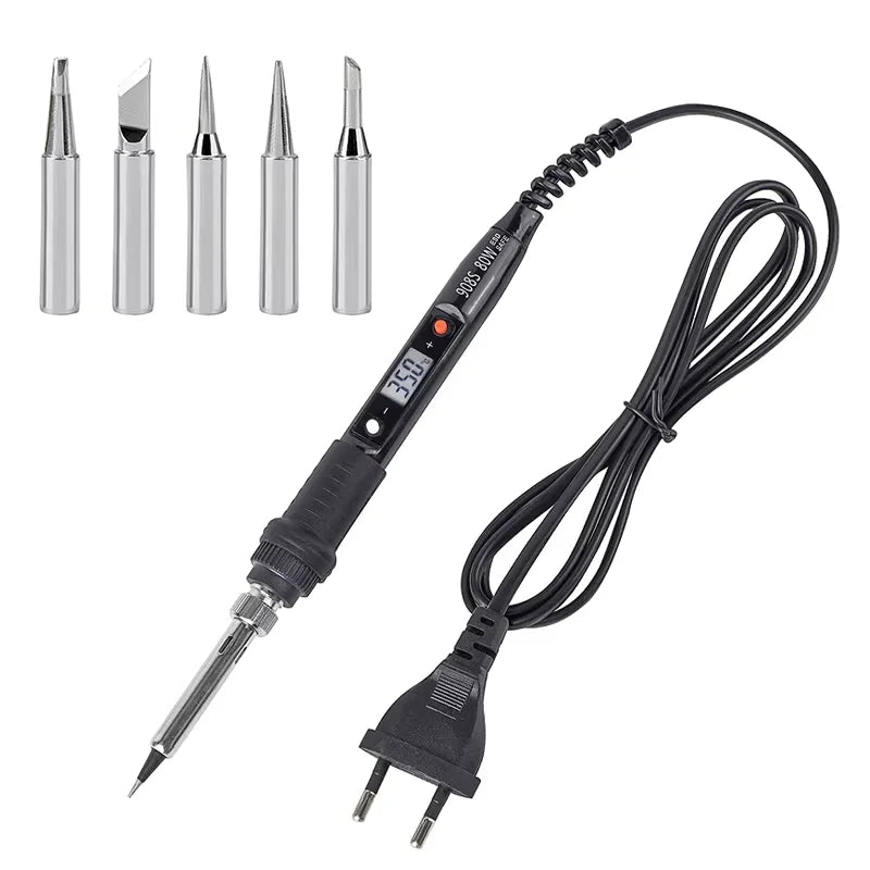 A soldering iron set showing various tips and a black cord with an LCD display.