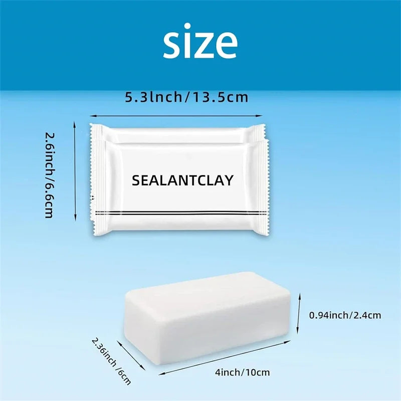 A white rectangular sealing clay product shown in two forms: a flat strip and a block.