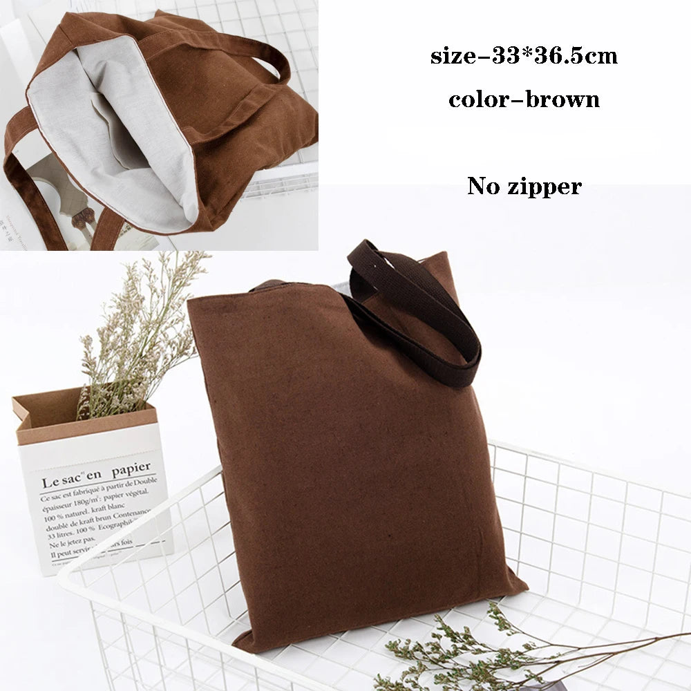 A brown canvas tote bag is shown folded and unfolded, with a plant inside, next to its packaging.