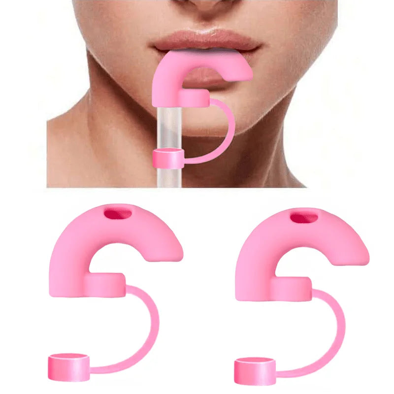 Pink anti-wrinkle straw topper for tumblers shown on a person's mouth and separate components