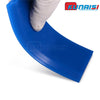 A blue car windshield ice scraper and squeegee being used by a hand.