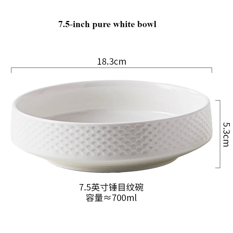 A 7.5-inch pure white ceramic soup bowl with a textured rim, measuring 18.3cm and holding about 700ml.