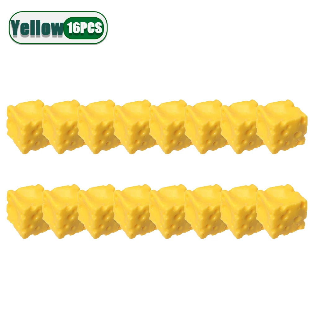 A pack of 16 yellow cheese-themed squishy stress relief toys.