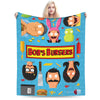 A colorful throw blanket featuring cartoon characters and the text Bob's Burgers.
