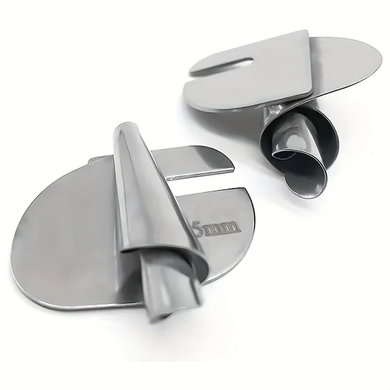 Silver rolled hemmer foot set for sewing machines with a 5mm size marker.