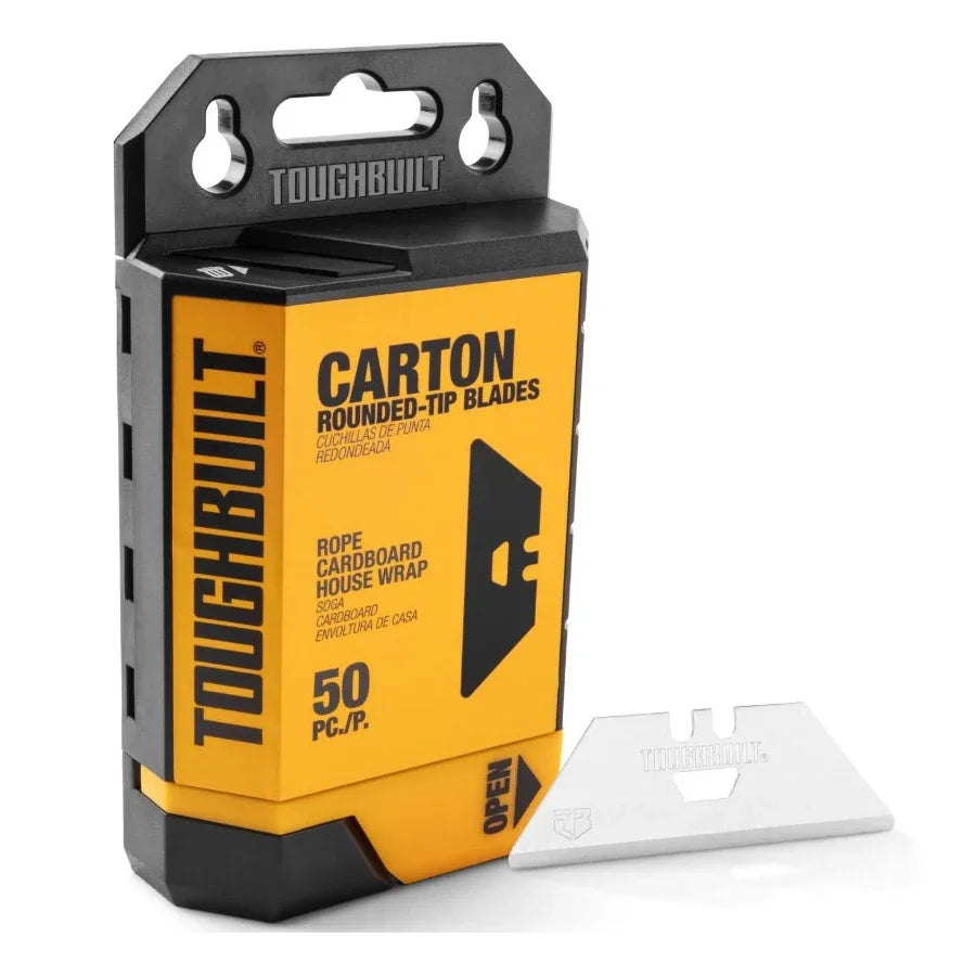 A black ToughBuilt carton containing 50 rounded-tip utility knife blades and a dispenser case.