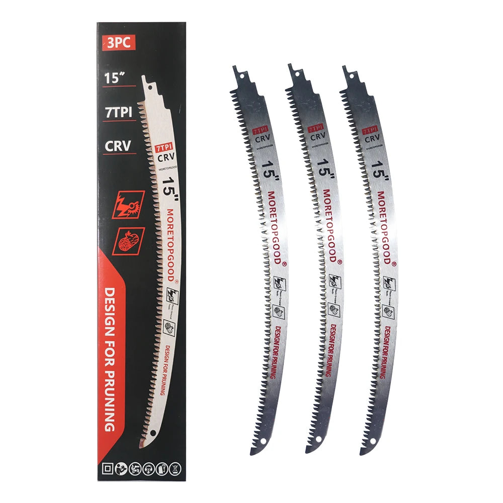 A set of three 15 inch CRV and 7PI reciprocating saw blades for wood pruning.