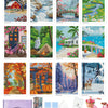 A collection of 12 diamond art kits, including square drill postcard-style sets, various colored stones, and a pink bicycle.