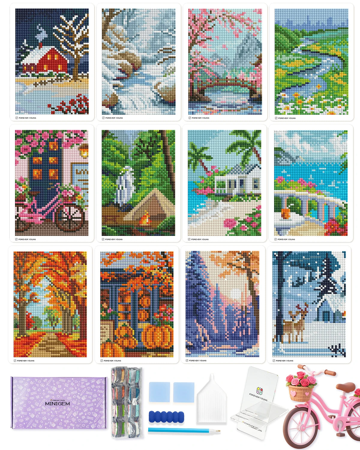 A collection of 12 diamond art kits, including square drill postcard-style sets, various colored stones, and a pink bicycle.