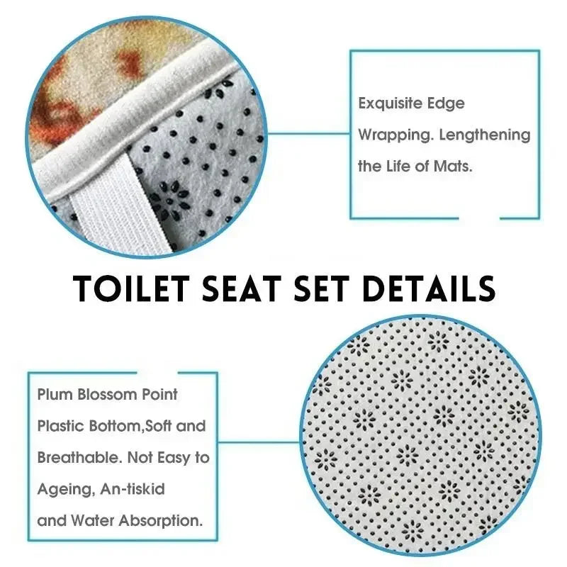 Details of a toilet seat set showing an exquisite edge wrapping and lengthening of mats, and a plum blossom point plastic bot